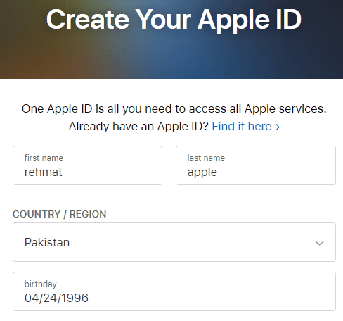 Enter Your Name for apple id