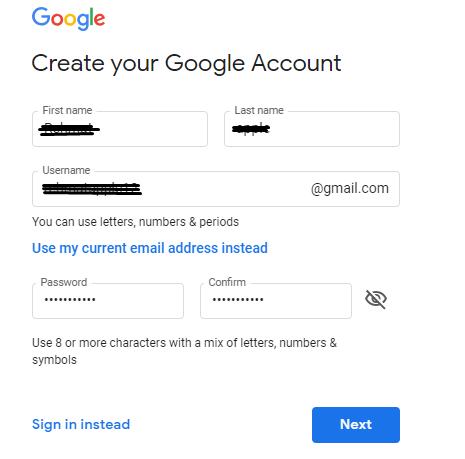 Gmail account form for apply id