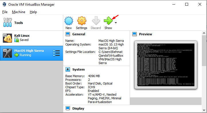 start Vm to for macos high sierra