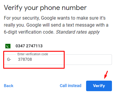 Google Verification Code to create gmail account