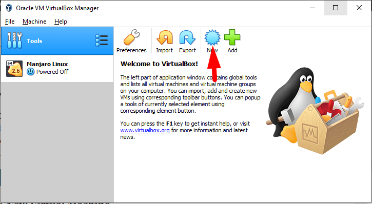 open virtualbox and click the new