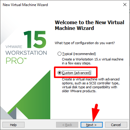 select custom option for creating a new virtual machine