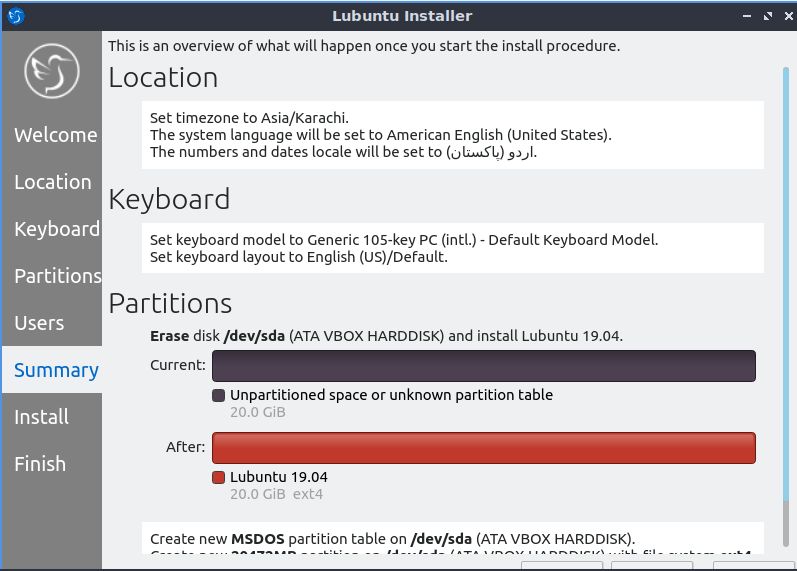 Lubuntu Installation Summary