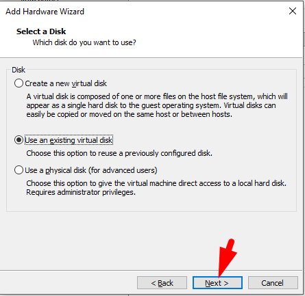 select existing virtual disk