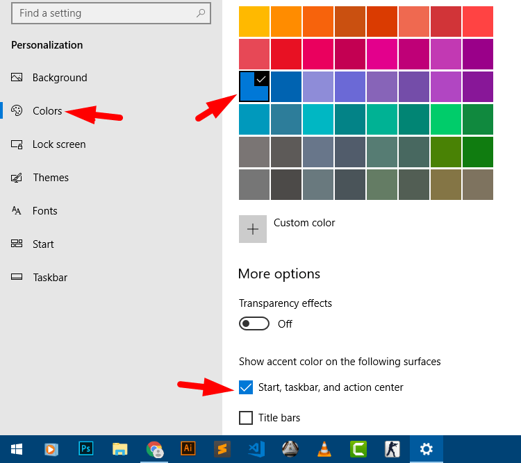 set color for taskbar in windows 10