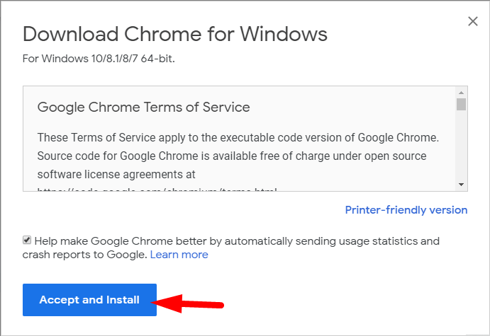 Accept and Install Chrome 76