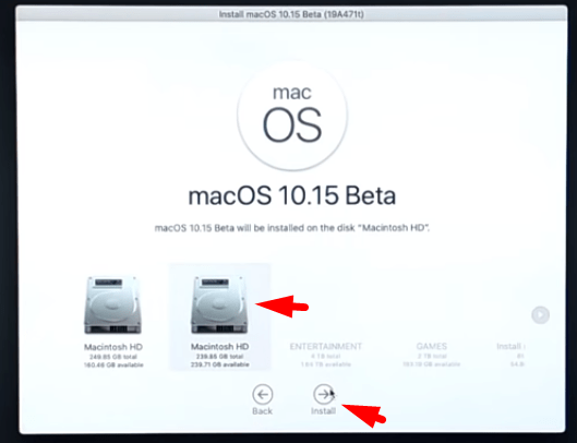 Select the drive to install MacOS catalina