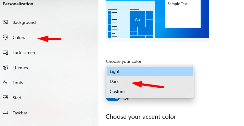 Choose Dark Color for Windows 10