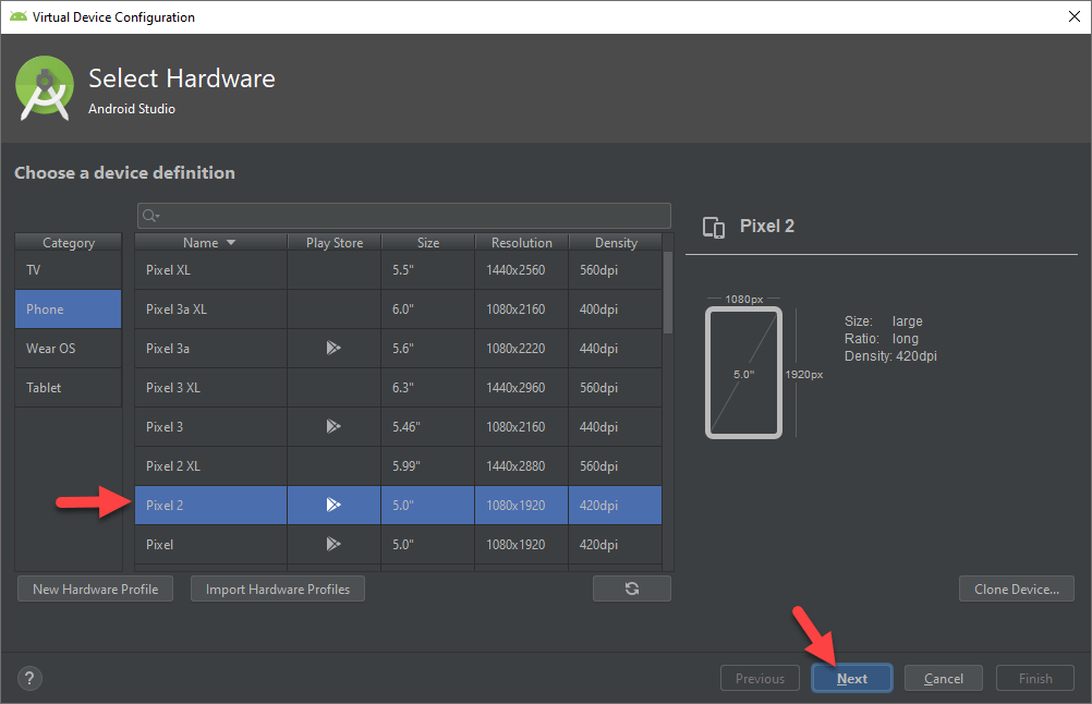 Select Pixel 2 for Hardware