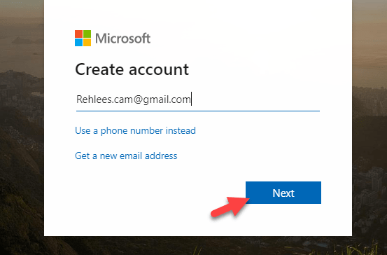 Enter Email ID for Microsoft
