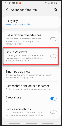 Android 10 Link to WIndows Feature
