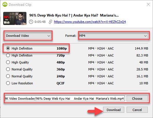 Select Format, Resolution and download Video