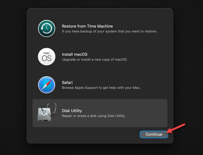 Select Disk Utility to Continue