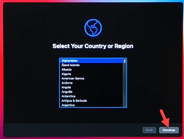 Select Your Country for macOS Big SUr