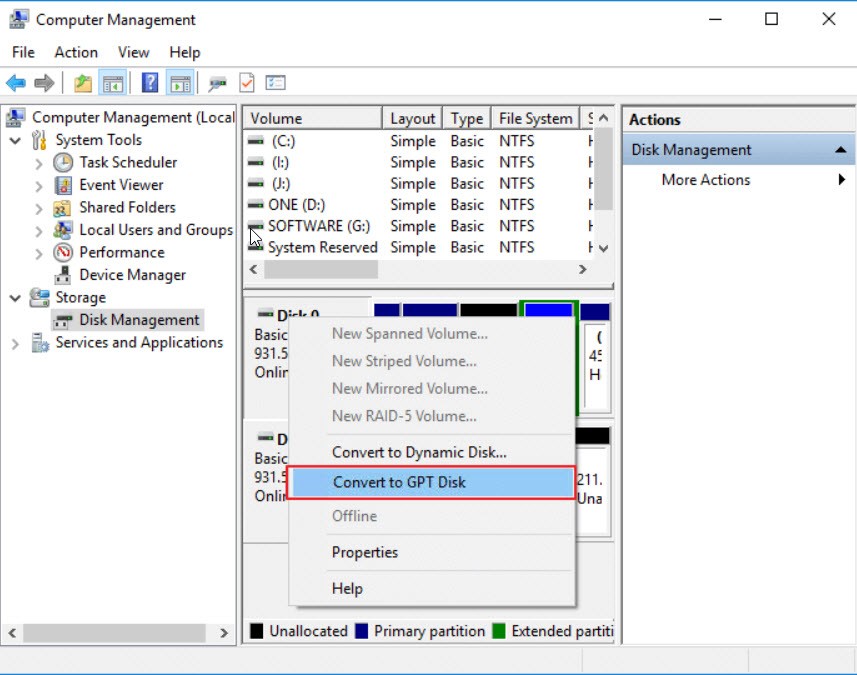 Convert MBR to GPT using Disk Management