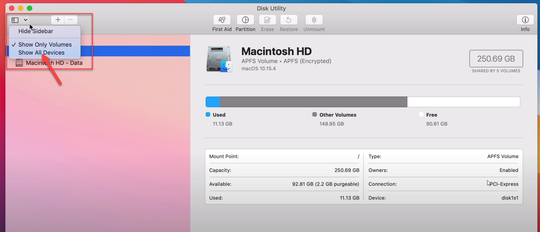 Show all Device on Disk utility
