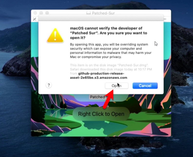 Click Open to Install macOS Big Sur on Mac device