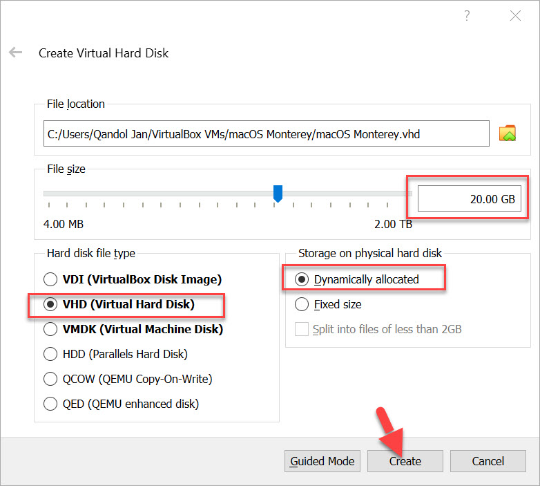 Create New Virtual hard Disk for macOS Monterey