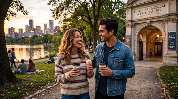 Couple walking in park with coffee on a budget-friendly date